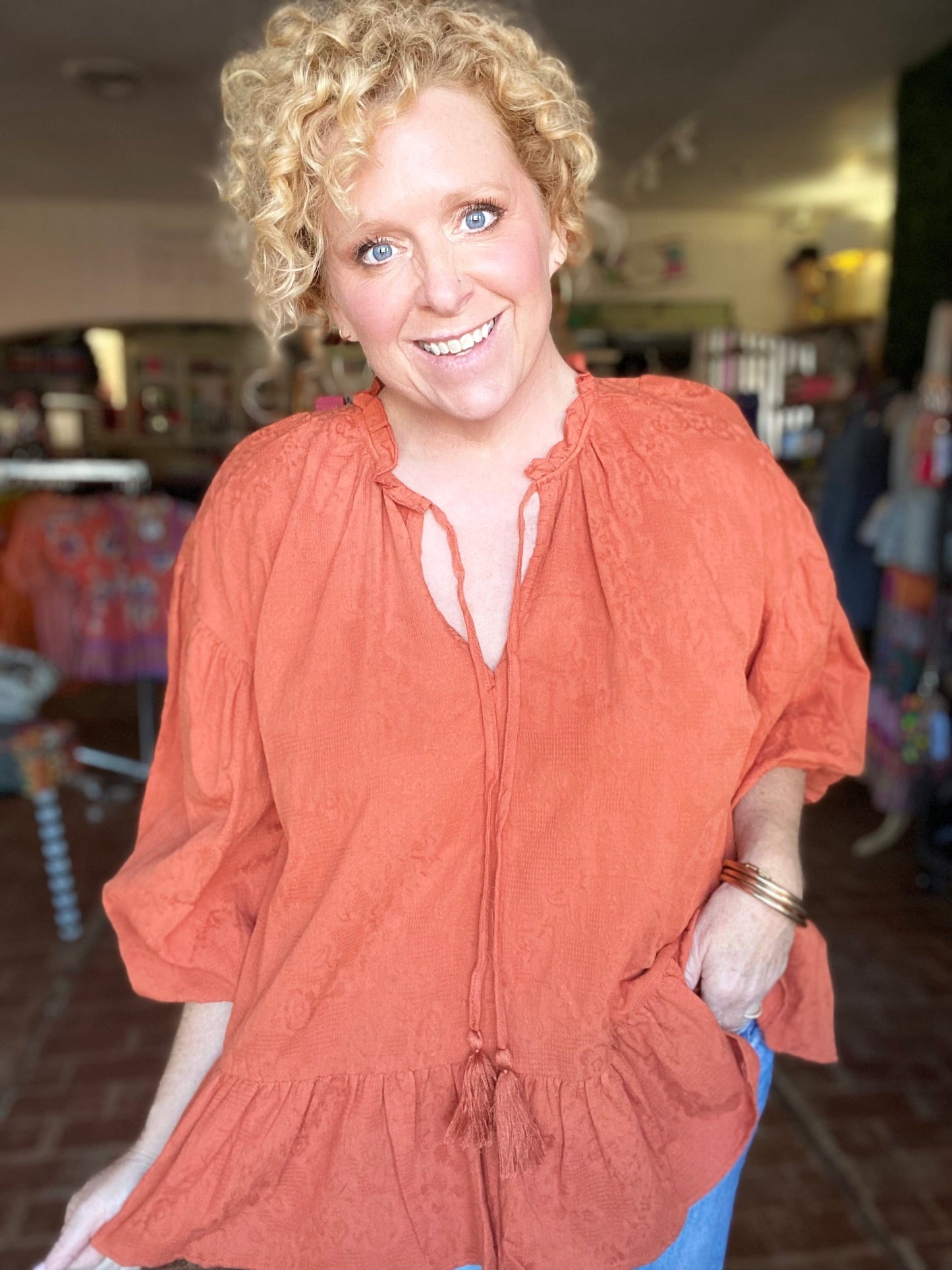 Umgee Curvy Pumpkin Peplum Top