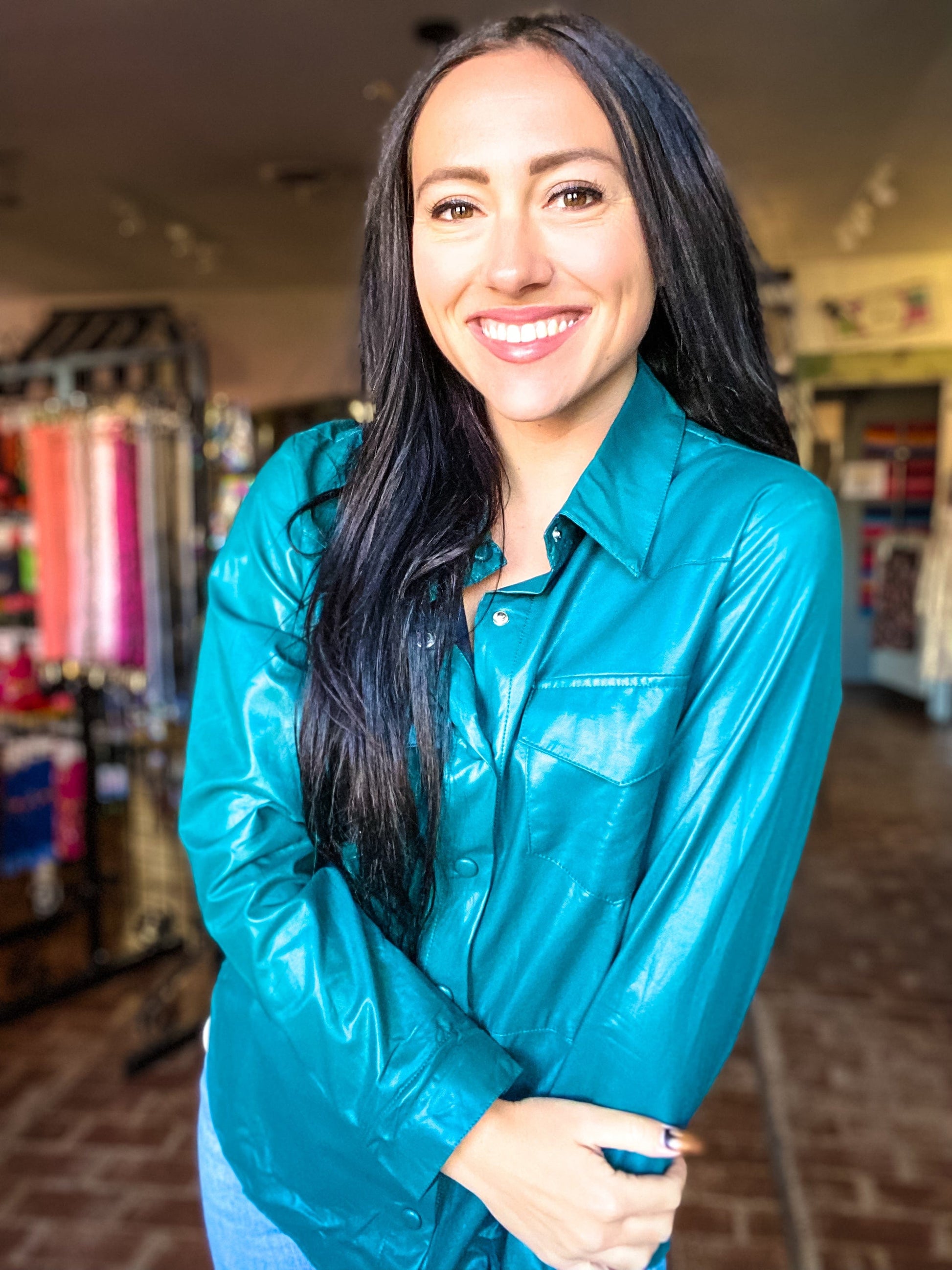 Vegan Leather Button Down-Teal