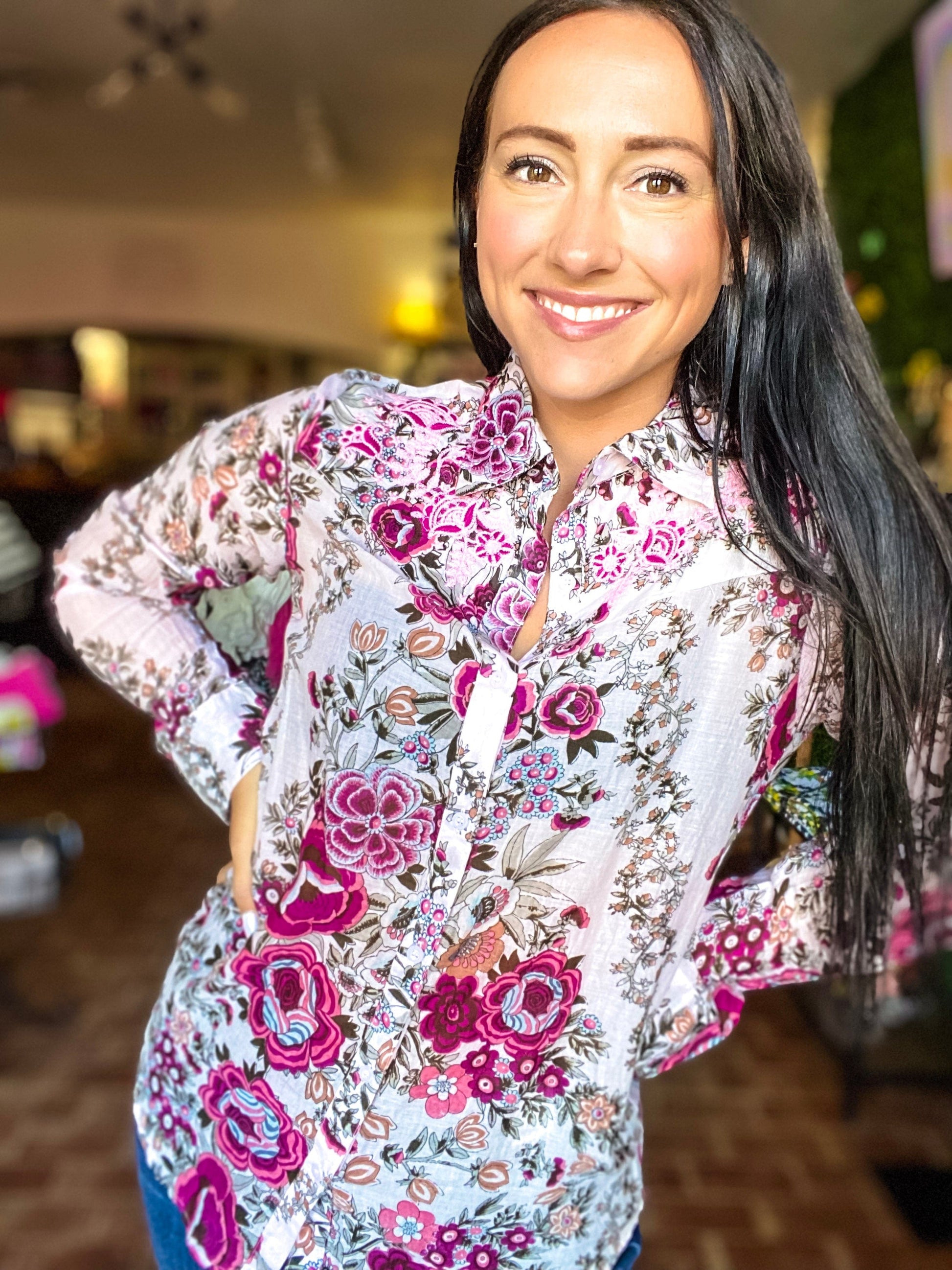 Tops Vintage Floral and Embroidery Button Down
