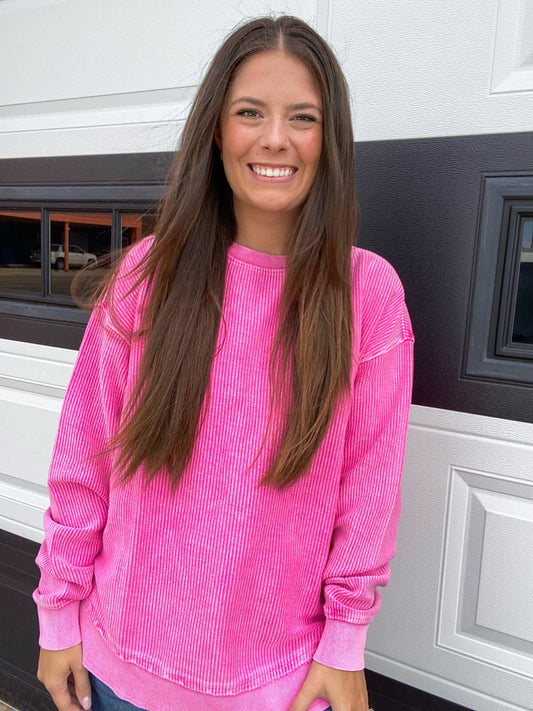 Vintage Wash Corded Crew Sweatshirt-Bubblegum