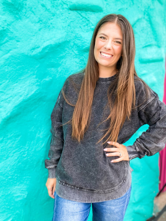 Vintage Wash Corded Crew Sweatshirt-Charcoal