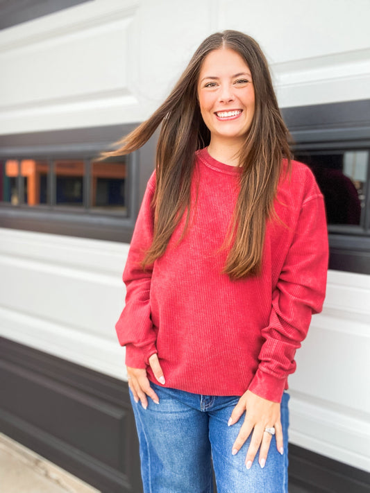 Vintage Wash Corded Crew Sweatshirt-Red