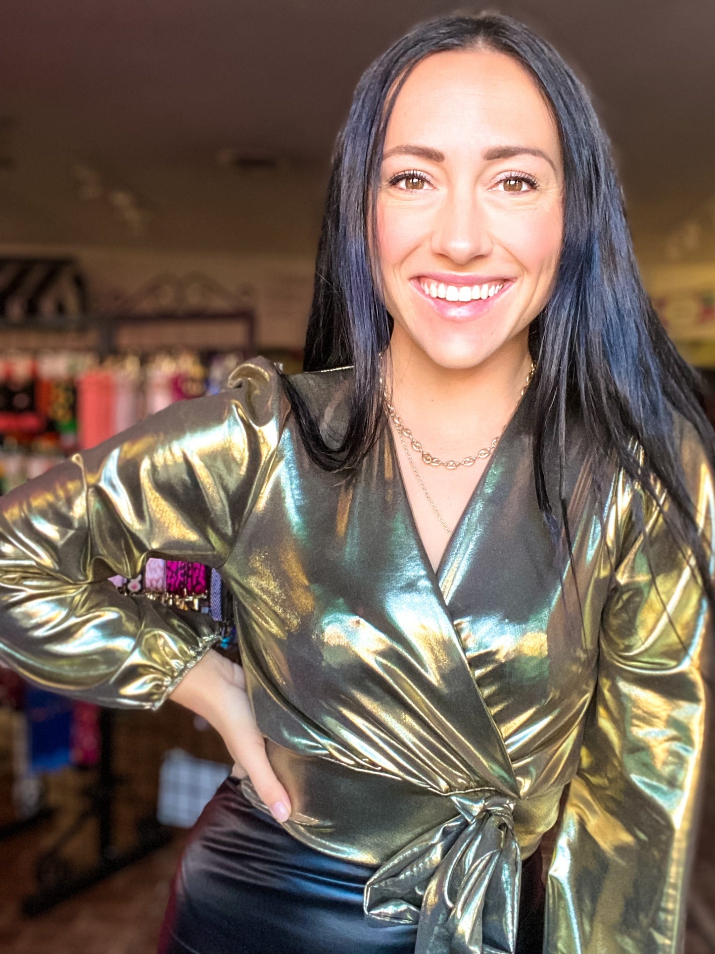 Shirts & Tops Vneck Metallic Shimmer Top-Gold