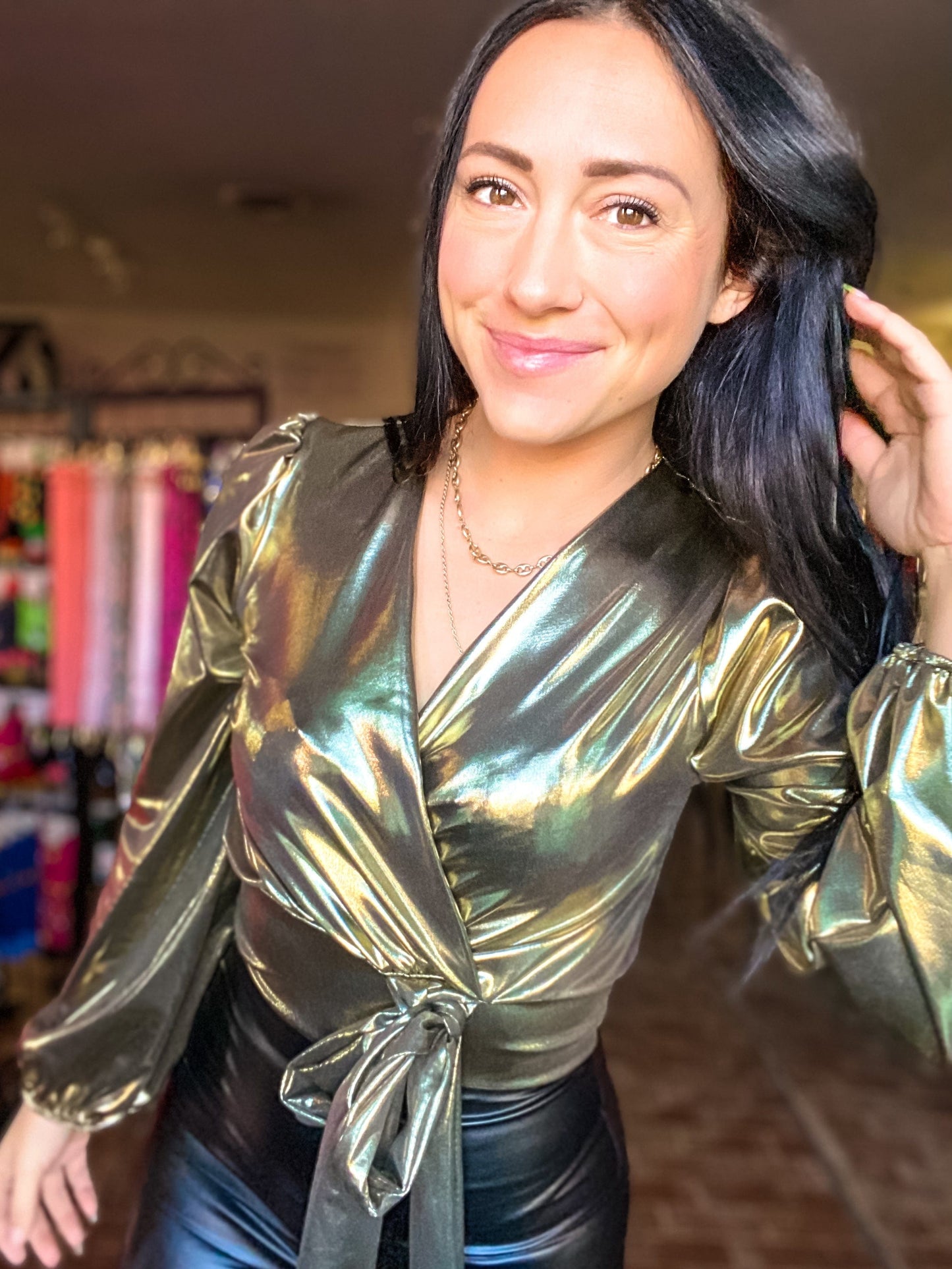 Shirts & Tops Vneck Metallic Shimmer Top-Gold