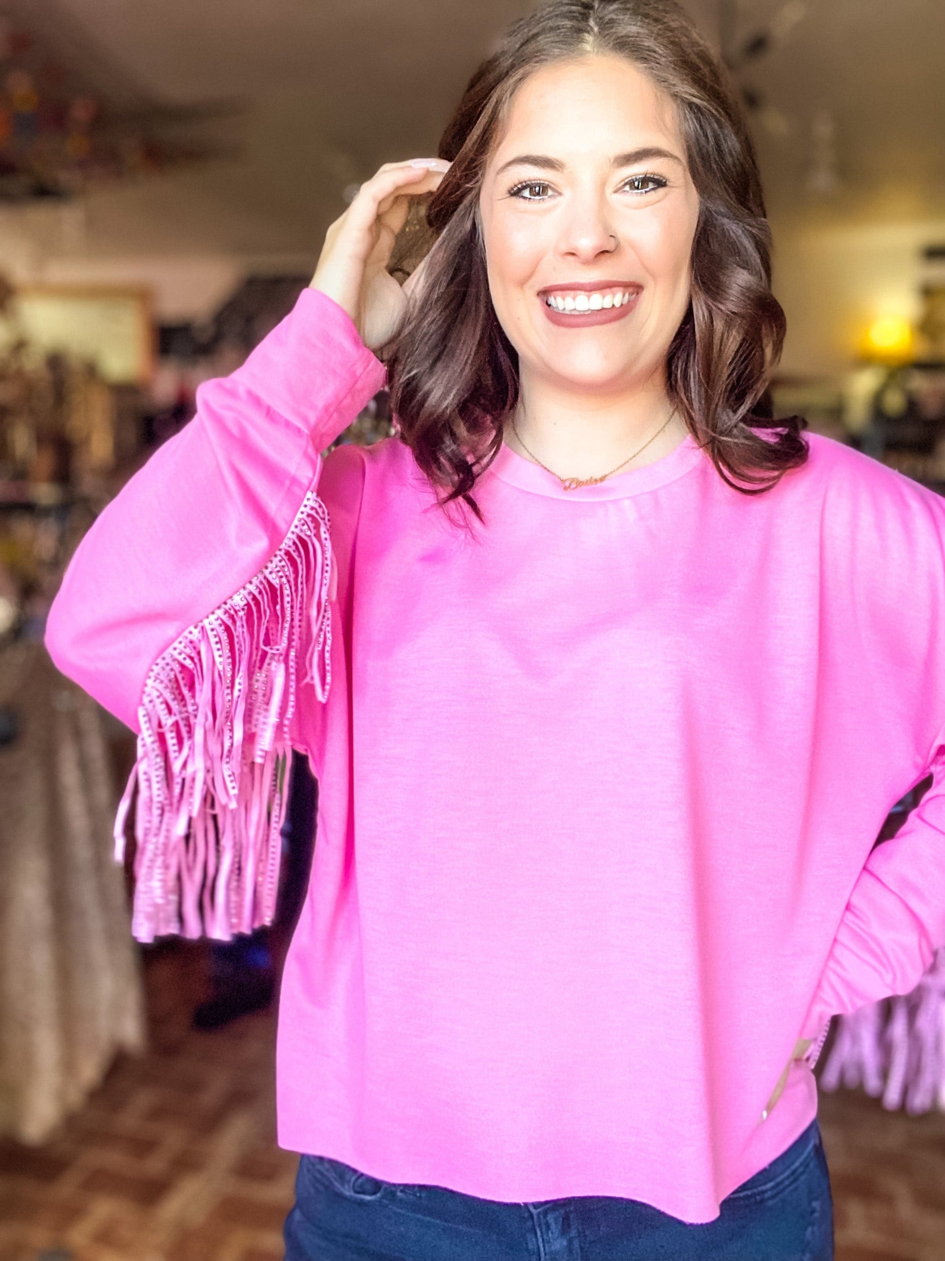 Outerwear Fringe Sweatshirt- Pink